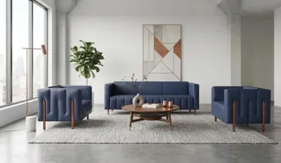 Productafbeelding van Driepersoonsbank, twee fauteuils, kunstleer, blauw, modern, elegant, woonkamer