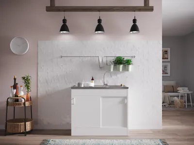 Produktbild von Komplettspüle Spüle Unterschrank mit Schiebetüren 100 x 50 cm Weiß Respekta