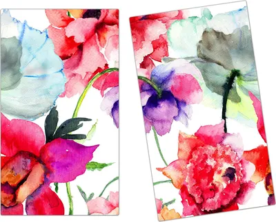 Produktbild von Spritzschutz Herdabdeckplatte Schneidebrett aus Glas Bunte Blumen 2-Teilig (60x52cm)