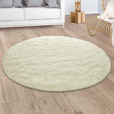 Produktbild von Hochflor Teppich Shaggy waschbar Unifarben Schlafzimmer schmutzabweisend Weiß Rund 160D | 100% Polyester | Florhöhe: 33 mm | pflegeleicht