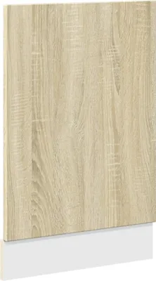 A close-up view of a wood-patterned panel, likely a cabinet door or a dishwasher front panel, with a white base.