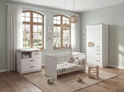 Produktbild von Babyzimmer-Set Kinderzimmer Babybett Wickelkommode Kleiderschrank 91 cm, Weiß & Eiche Nachbildung / 22812