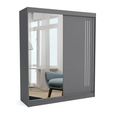 Produktbild von Kleiderschrank MIKE 160 ANTRACITE, 160x60x215 cm mit Spiegel –Schiebetüren, Kleiderstange & Regalböden, Garderobenschrank, Moderner Kleiderschrank