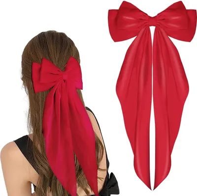 Image de Pinces à cheveux avec grand noeud satin soie longue queue rouge