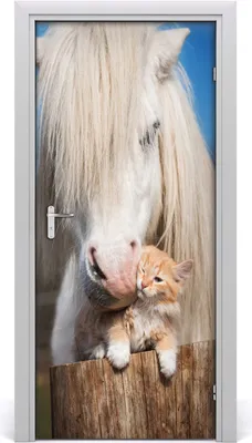 Produktbild von Tulup Türaufkleber 95x205 cm Dekorative Aufkleber Selbstklebend Wasserdichte Tapete Abnehmbar Schlafzimmer Wohnzimmer Wohnkultur - weißes Pferd mit einer Katze