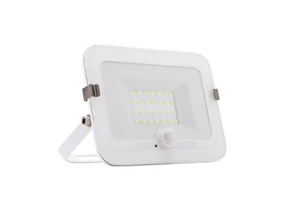 A white LED floodlight with a motion sensor is shown against a white background.