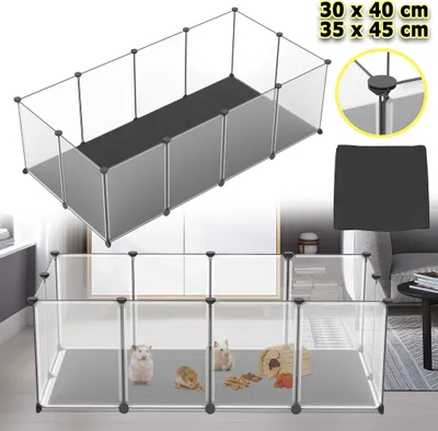 A collage of images showing a modular pet enclosure, including a close-up of a connector and a separate image of the enclosure with hamsters inside.