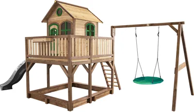 Produktbild von AXI Spielhaus Liam mit Sandkasten, Nestschaukel & grauer Rutsche | Stelzenhaus XXL in Braun & Grün aus  Holz für Kinder | Spielturm mit Wellenrutsche für den Garten