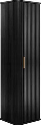 A tall, black corner cabinet with a ribbed texture and a single wooden handle on the door.