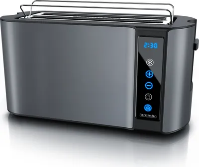 A modern gray toaster with a digital display and touch controls, shown from a slight diagonal angle on a reflective white surface.