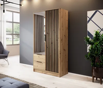 Produktbild von Kleiderschrank Artisan 105Cm Schrank, Garderobe mit Schubladen, 2-türig Kleiderschrank, Garderobenschrank  mit Spiegel ( Eiche artisan)