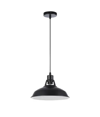 A black pendant light with a white interior hangs from a black cord against a white background.