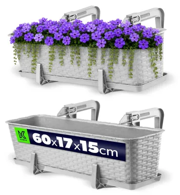 Produktbild von KADAX Balkontopf mit Untersatz "Frette", Balkonkasten mit Wasser Öffnungen, 60cm, Hellgrau