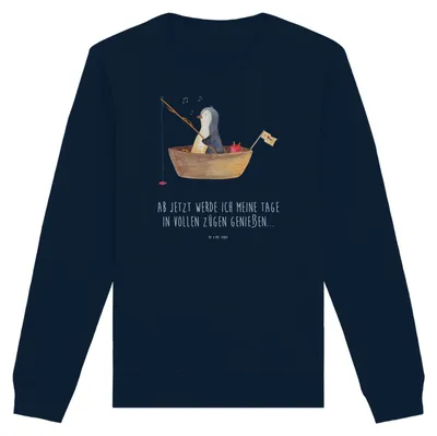 Produktbild von Mr. & Mrs. Panda Baumwoll Pullover Pinguin Angelboot Größe L - French Navy - Geschenk, Boot, Optimistisch, Sweatshirt, Scheidung, Pulli, Sweater, Angeln, Rundhals