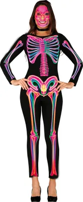 Immagine prodotto di Scheletro di Halloween Costume intero ossa colorate al neon nero Costume aderente alla figura Adulto Halloween Party Outfit Fantasma Ora Scheletro Look Carnevale Divertimento Spaventoso, Taglia: 42 - 44 (L) Colore: Multicolore