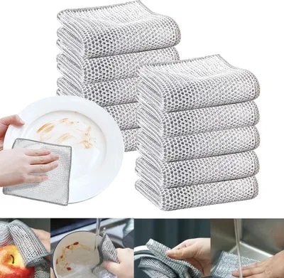 Produktbild von Mehrzweck-Geschirrspüllappen aus Draht für Nass und Trocken, Kratzfestes Drahtgeschirrtuch 7.87 x 7.87, Fusselfrei Wiederverwendbar Putztücher für Pfanne, Topf, Herd, Küche, Haushalt (10 Stück)
