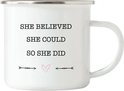 Produktbild von Emaille Tasse She Believed She Could So She Did Spruch Geschenk für Superheldin Frauenpower Frauentag Feminismus