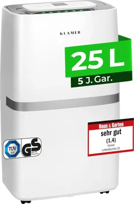 Produktbild von KLAMER Luftentfeuchter elektrisch 25L, 195m³ Luftumwälzung pro Stunde, 420W starker Raumentfeuchter, Entfeuchter mit bis zu 5,5 Liter Fassungsvermögen