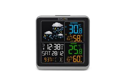 A digital weather station displaying outdoor and indoor temperature, humidity, time, and date.