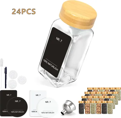 Immagine prodotto di Set di barattoli per spezie in vetro - Contenitori per la cucina, set da 24 pezzi - 120 ml - Ermetici - Senza BPA e riutilizzabili - Con etichette - Coperchi in bambù