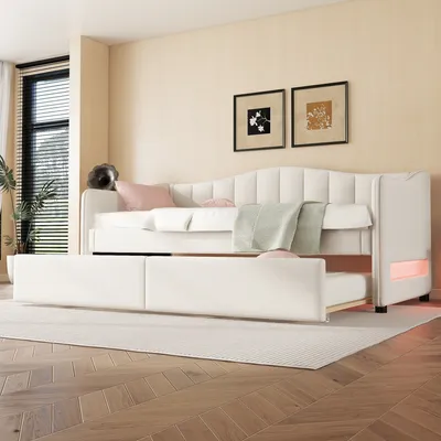 Produktbild von Flieks Polsterbett 90x200cm mit Ausziehbett, Schlafsofa Tagesbett mit LED, Sofabett Funktionsbett Jugendbett Gästebett, Leinen, Beige