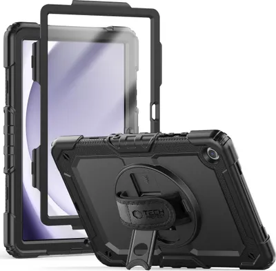 A black tablet case with a built-in stand and hand strap is shown from a diagonal angle.