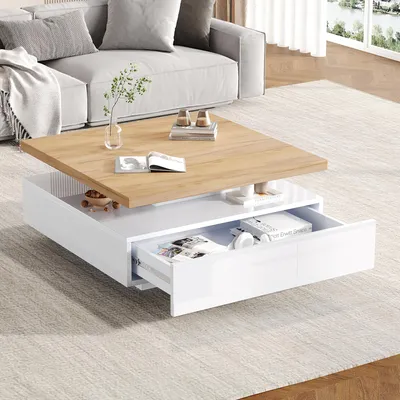 Produktbild von Couchtisch, quadratisch, 360° schwenkbar, Kaffeeschublade, 2-stufig, Aufbewahrungsschrank, Nussbaum-Spanplatten, Beistelltisch