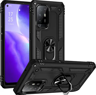 A black protective phone case with a ring holder is shown from multiple angles, with a smartphone partially visible.