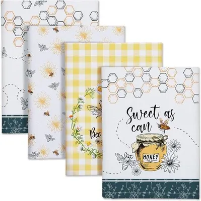 Productafbeelding van Unyqoos® Keukenhanddoekenset, 4 stuks, 100% katoen, 50 x 70 cm, met bijenmotief – veelzijdige theedoeken voor keuken, badkamer en bar