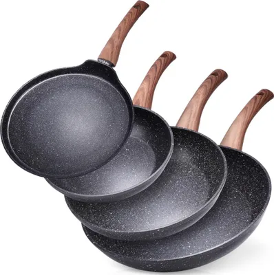 Zdjęcie produktu dla Zestaw patelni granitowych BLACK&WOOD, 4-elementowy: patelnie o średnicach 20 cm, 24 cm, 28 cm oraz patelnia do naleśników o średnicy 24 cm.