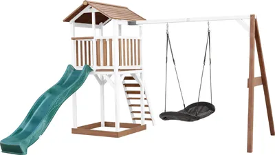 Image de AXI Beach Tower Tour de jeux en bois en brun & blanc | Maison de jeux pour enfants avec toboggan vert, balançoire nid d'abeille et bac à sable | Maison sur pilotis pour le jardin