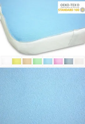 A collage of a blue mattress protector, showing different color options and a close-up of the fabric texture, along with an OEKO-TEX certification label.