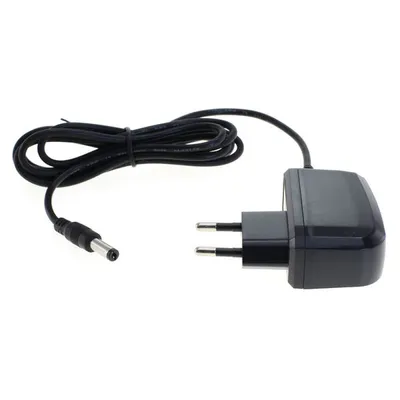 A black power adapter with a European plug and a DC barrel connector is shown against a white background.