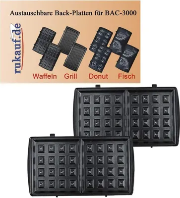 A collage showing interchangeable baking plates for a waffle maker and the waffle maker itself.