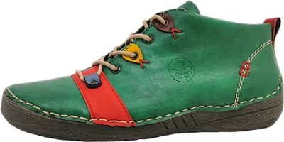 A single green leather boot with colorful accents is shown against a white background.