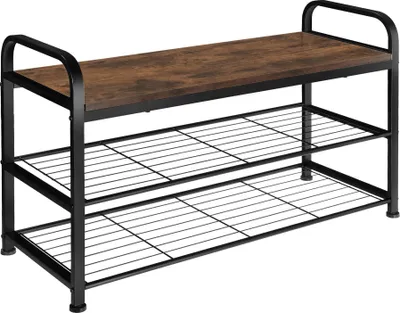 A shoe rack with a wooden top and two wire shelves, shown against a white background.