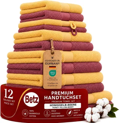 Produktbild von Betz 12-tlg. Handtuch-Set PREMIUM 2 Duschtücher 4 Handtücher 2 Gästetücher 2 Seiftücher 2 Waschhandschuhe Farbe: honiggelb / beere