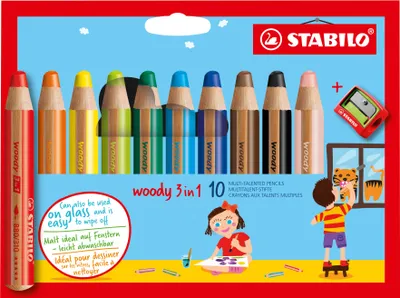 Immagine prodotto di Matita colorata, acquerello e pastello a cera - STABILO woody 3 in 1 - confezione da 10 con temperino - con 10 colori diversi