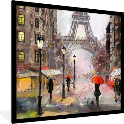 Produktbild von MuchoWow® Gerahmtes Poster Gemälde - Paris - Eiffelturm - Regenschirm - Ölgemälde 40x40 cm - Poster mit Schwarzem Bilderrahmen Wandposter Rahmen Foto Bilder - Mit Rahmen - Wanddekoration Schlafzimmer