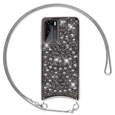 Produktbild von NALIA Glitzer Case mit Kette für Huawei P40, Handy Hülle Umhänge Band Cover Case Schwarz