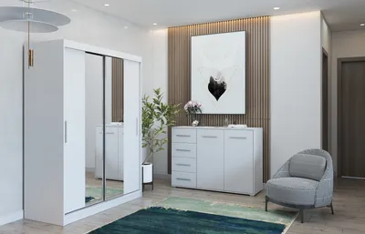 A modern bedroom or dressing room setting with a wardrobe, dresser, and chair.
