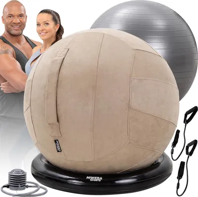 Produktbild von Miweba Sports 4in1 Gymnastikball Set | 65 cm - inkl. Ballschale, Pumpe, Waschbarer Bezug & Schlingentrainer - Fitnessball - Sitzball - Yogaball(Beige)