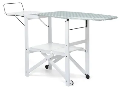 A white ironing board with a patterned cover is shown against a white background.