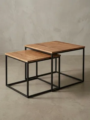 Produktbild von Industrie-Stil Wohnzimmertisch 2er Set, Holz & Metall, Quadratisch. 60x60x46 cm | Kadima Design