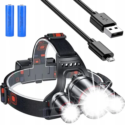 Zdjęcie produktu dla Latarka Czołowa 3x LED T6 – Czołówka Akumulatorowa – Wodoodporna, Ładowanie USB