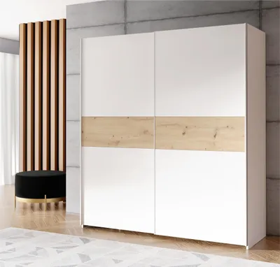 Produktbild von Forte URBANLINE Kleiderschrank 170, moderner Schwebetürenschrank, 2-türig, Schlafzimmer, Holzwerkstoff, Weiß mit Artisan Eiche Holzdekor, 170,3 cm breit x 190,5 cm hoch x 61,2 cm tief