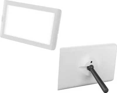 Two views of a white LED daylight lamp, one showing the front and the other showing the back with a stand.