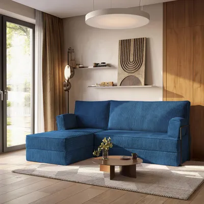 Produktbild von Masseno Ecksofa NOTIA mit Metallgestell, Modulares Schlafsofa aus Schaumstoff, Klappbares Bodensofa, Schlaffunktion - Blau, POSO 05