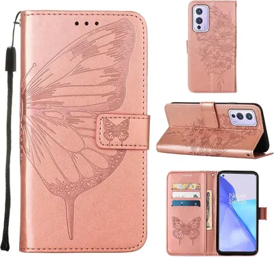 Produktbild von OnePlus 9 Hülle, Schmetterling Prägung Flip Leder Kartenfächer Schutzhülle Ledertasche mit Ständer für OnePlus 9 Roségold