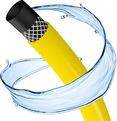 A yellow garden hose with a black inner layer, partially wrapped in a splash of water.